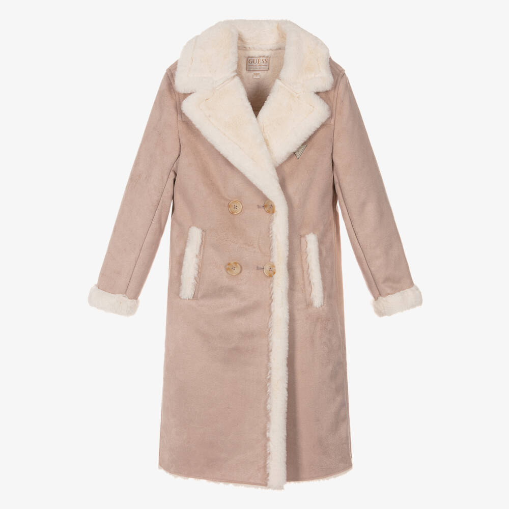 Guess-Junior Girls Pink Faux Suede Leather Coat with Faux Fur Trim | Childrensalon Outlet