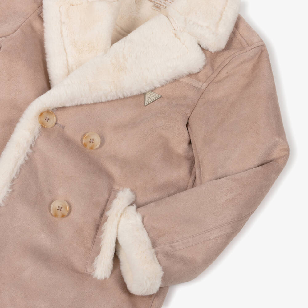 Guess-Junior Girls Pink Faux Suede Leather Coat with Faux Fur Trim | Childrensalon Outlet