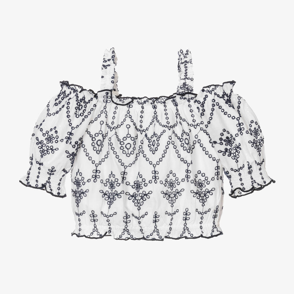 Guess-بلوزة قطن برودوري لون أبيض وكحلي للبنات | Childrensalon Outlet