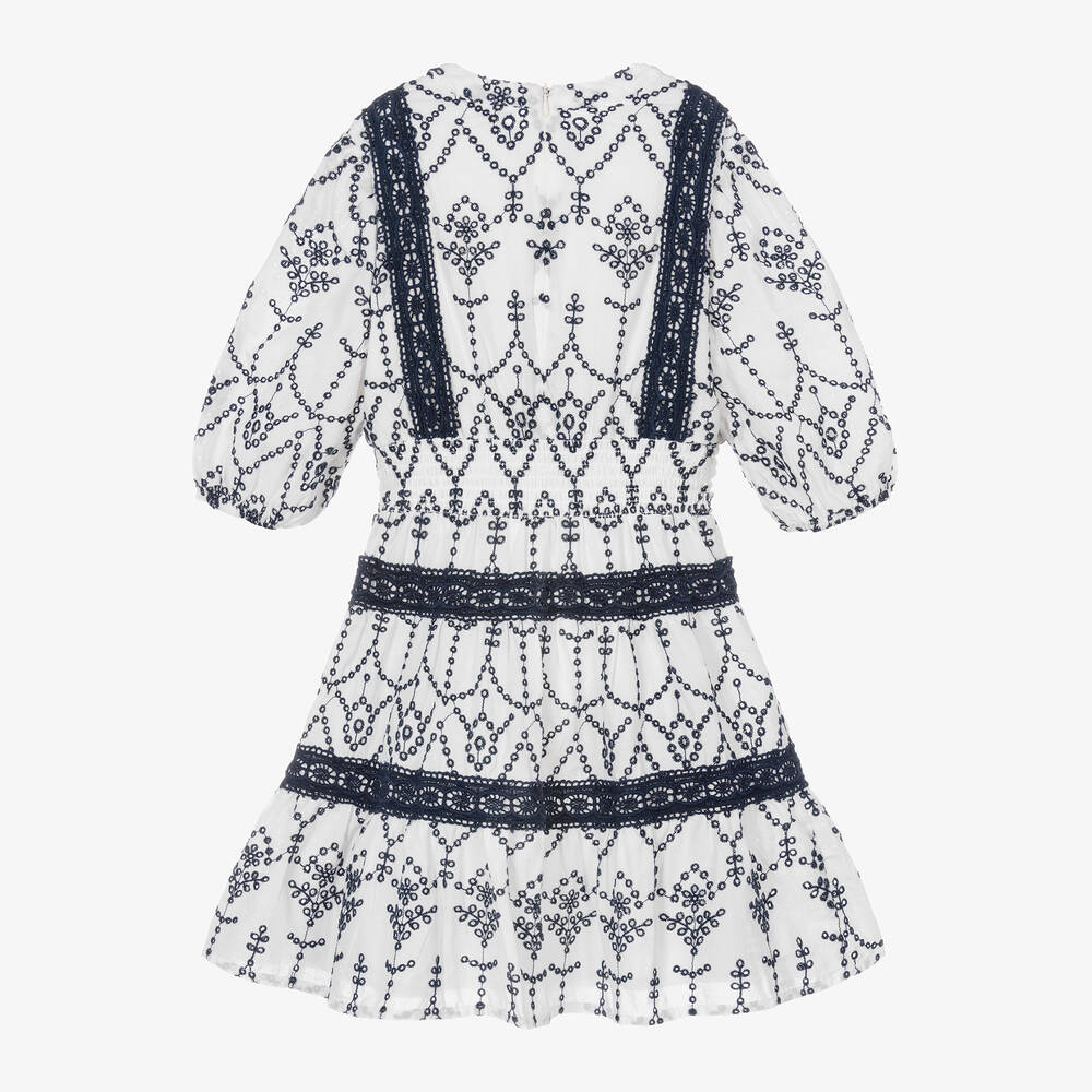 Guess-Junior Girls White & Blue Cotton Broderie Dress | Childrensalon Outlet
