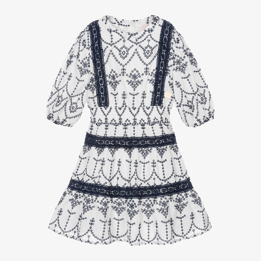 Guess-Бело-синее хлопковое платье с вышивкой для девочек | Childrensalon Outlet