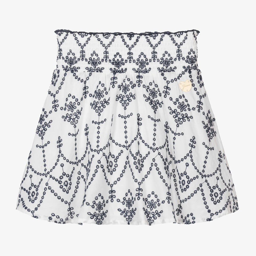 Guess-Junior Girls White & Blue Cotton Broderie Skirt | Childrensalon Outlet