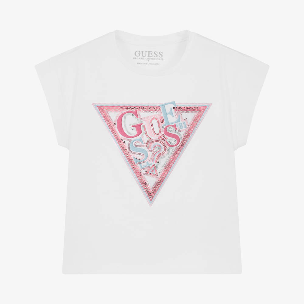 Guess-Junior Girls White Cotton T-Shirt with Sequin Triangle Logo | Childrensalon Outlet