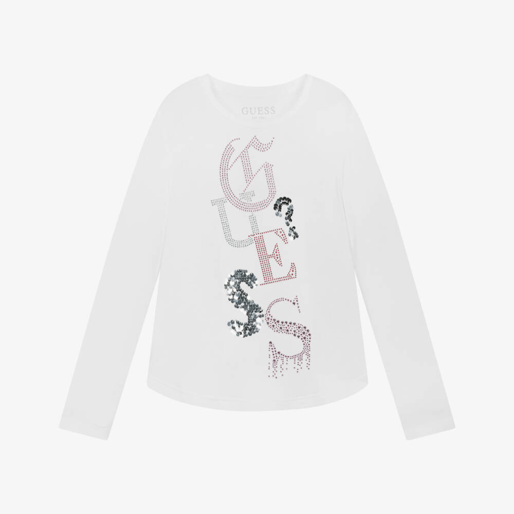 Guess-Junior Girls White EcoVero Top with Rhinestone Logo | Childrensalon Outlet