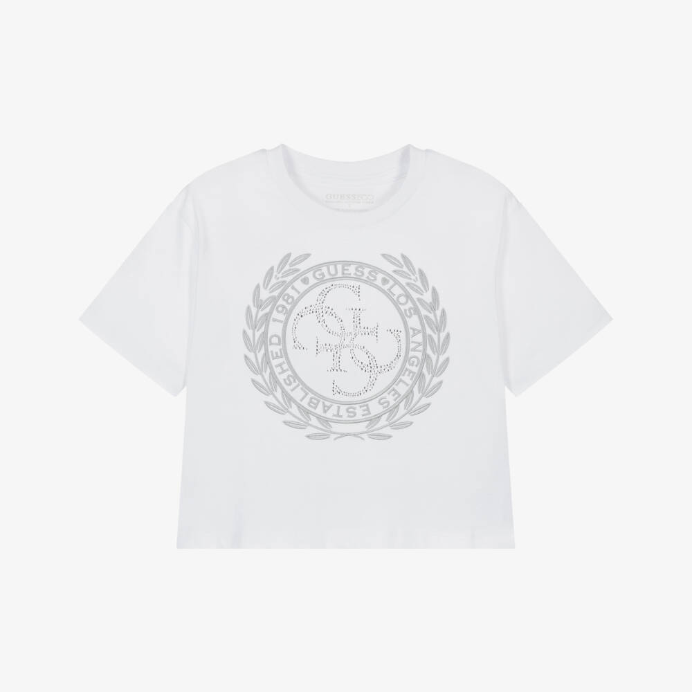 Guess-Junior Girls White Organic Cotton Diamanté 4g Logo T-Shirt | Childrensalon Outlet