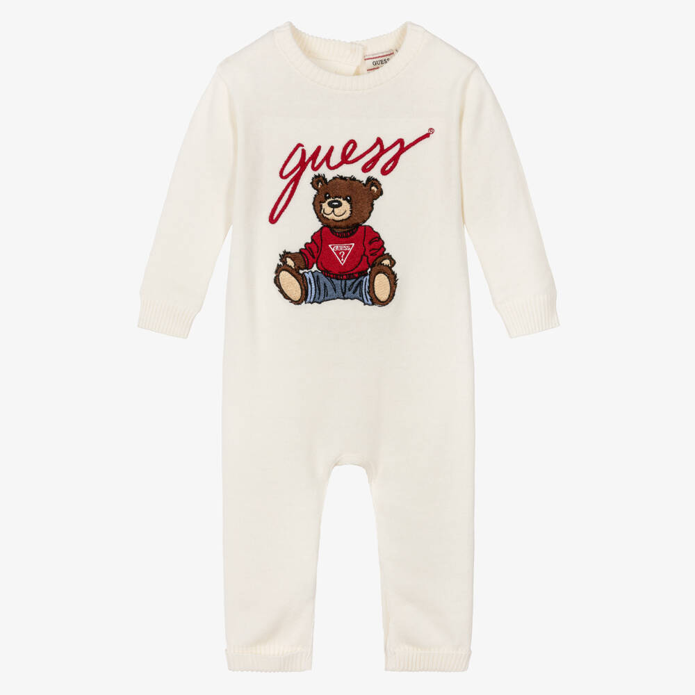 Guess-Knitted Ivory Cotton Teddy Bear Baby Romper | Childrensalon Outlet