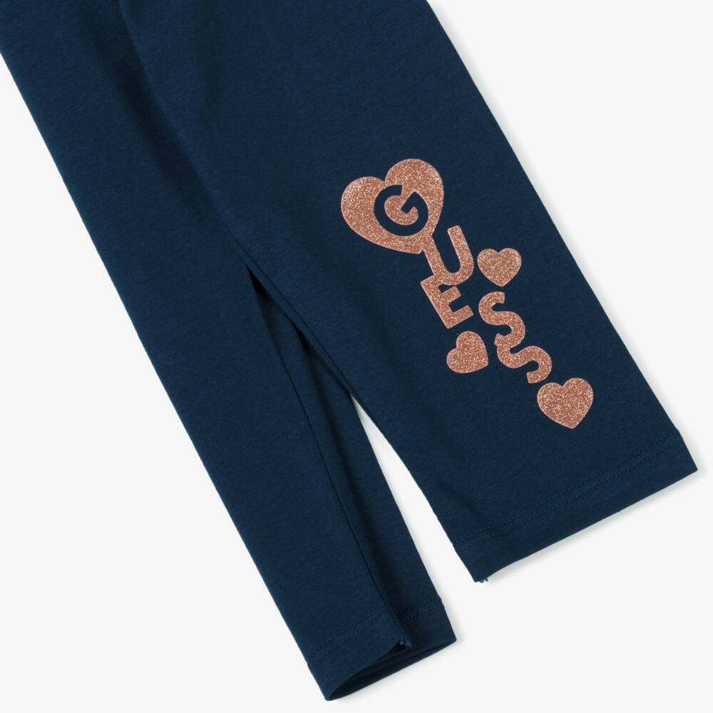 Guess-Navy Glitter Heart Girls Leggings | Childrensalon Outlet