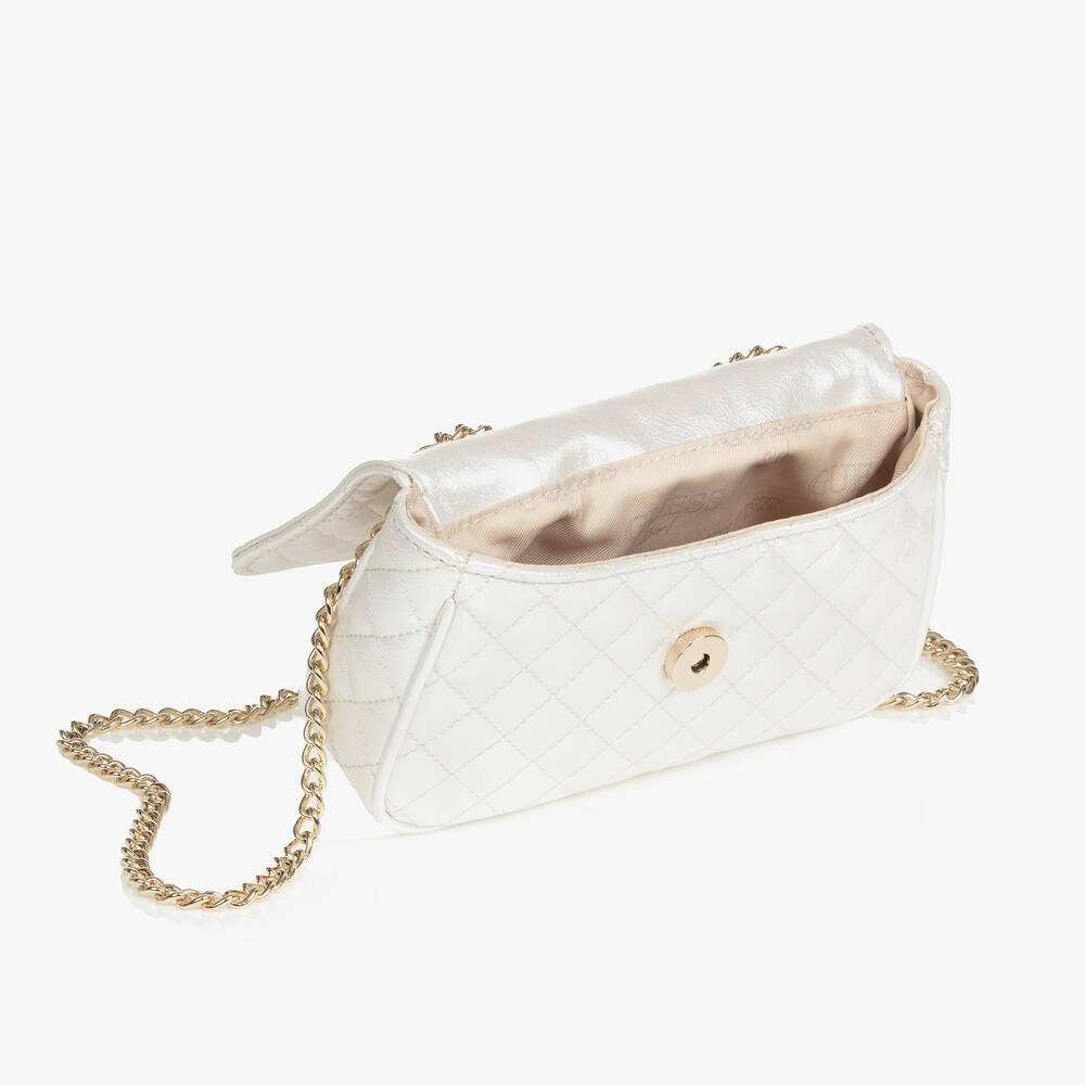 Guess Pearlescent White Quilted Shoulder Bag 18cm