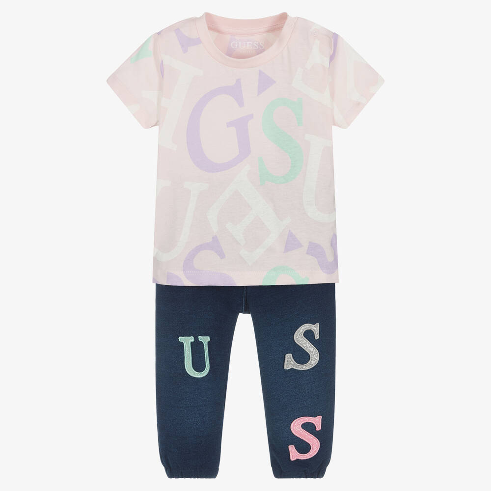 Guess-طقم بنطلون قطن لون زهري وأزرق للمولودات | Childrensalon Outlet