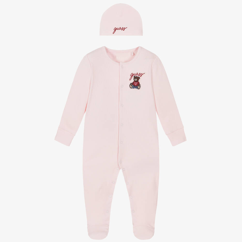 Guess-Pink Cotton Babygrow Set with Teddy Bear Logo | Childrensalon Outlet