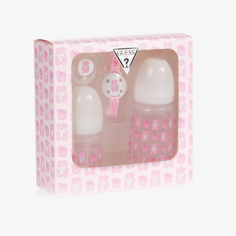 Guess-Pink Teddy Bear Bottle & Dummy Set | Childrensalon Outlet