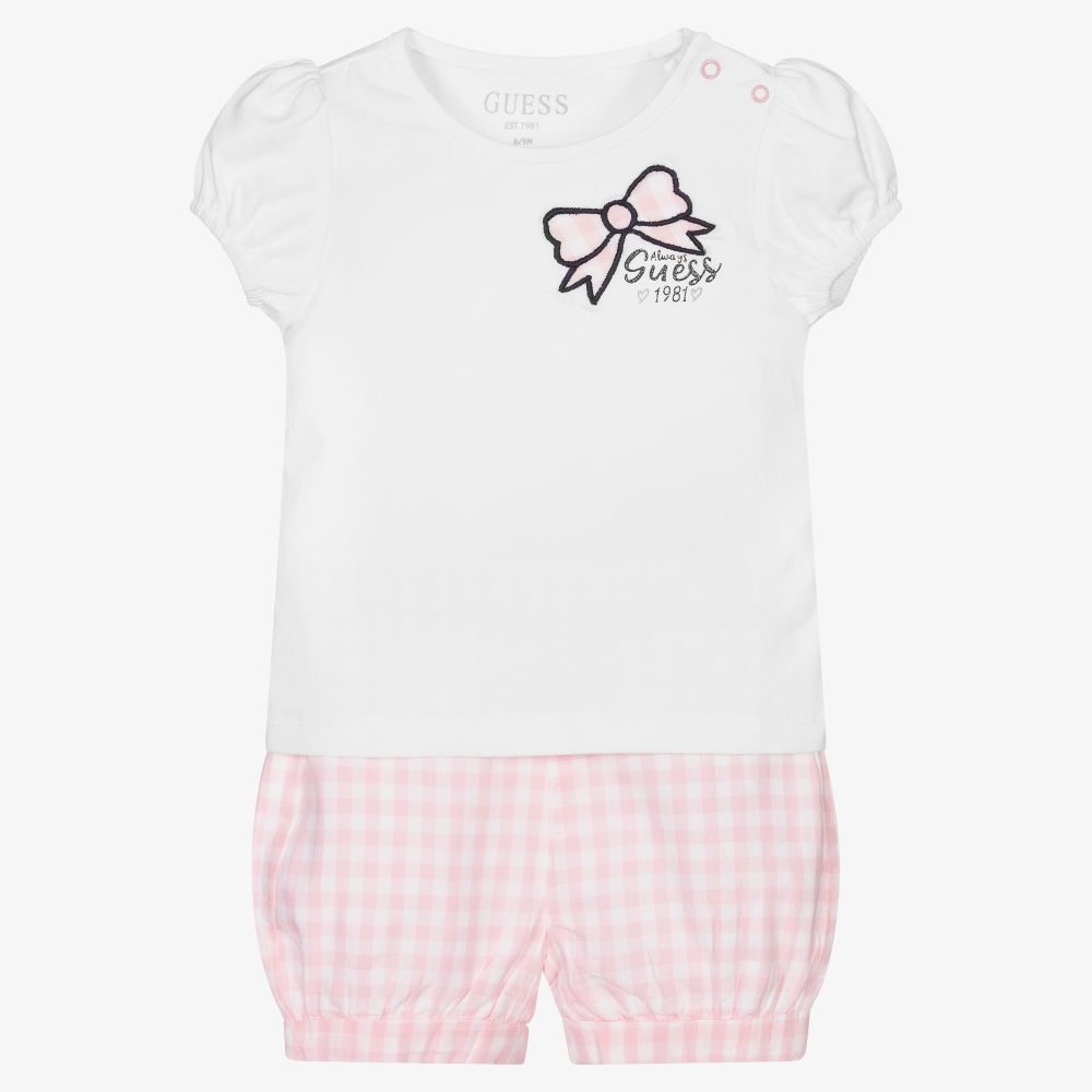 Guess - Белая футболка и розовые шорты из хлопка | Childrensalon