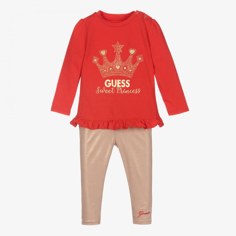 Guess - طقم ليغنغز قطن جيرسي لون أحمر وذهبي للمولودات | Childrensalon