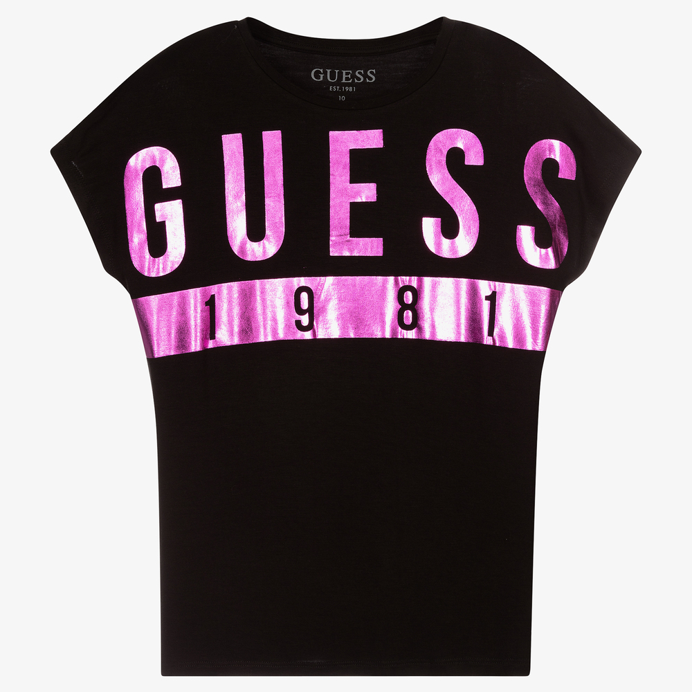 Guess-تيشيرت تينز بناتي فيسكوز جيرسي لون أسود | Childrensalon Outlet