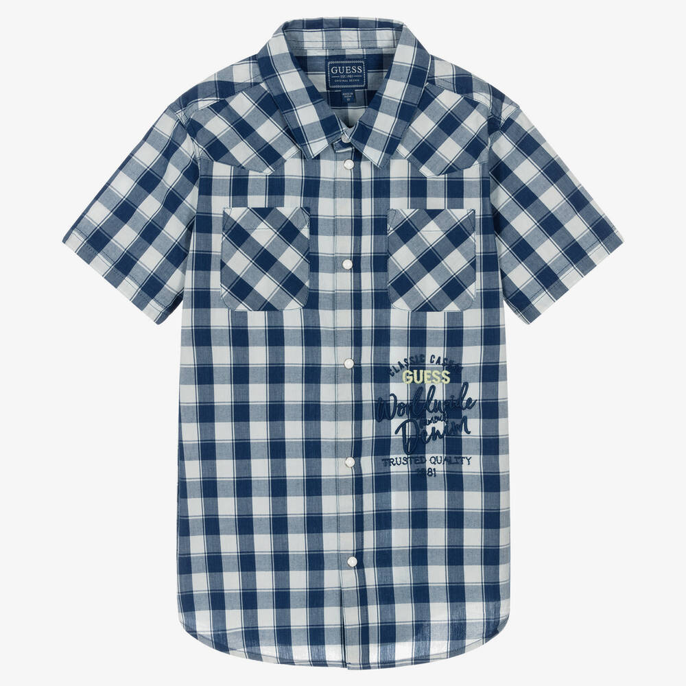 Guess - Chemise bleue à carreaux en coton | Childrensalon
