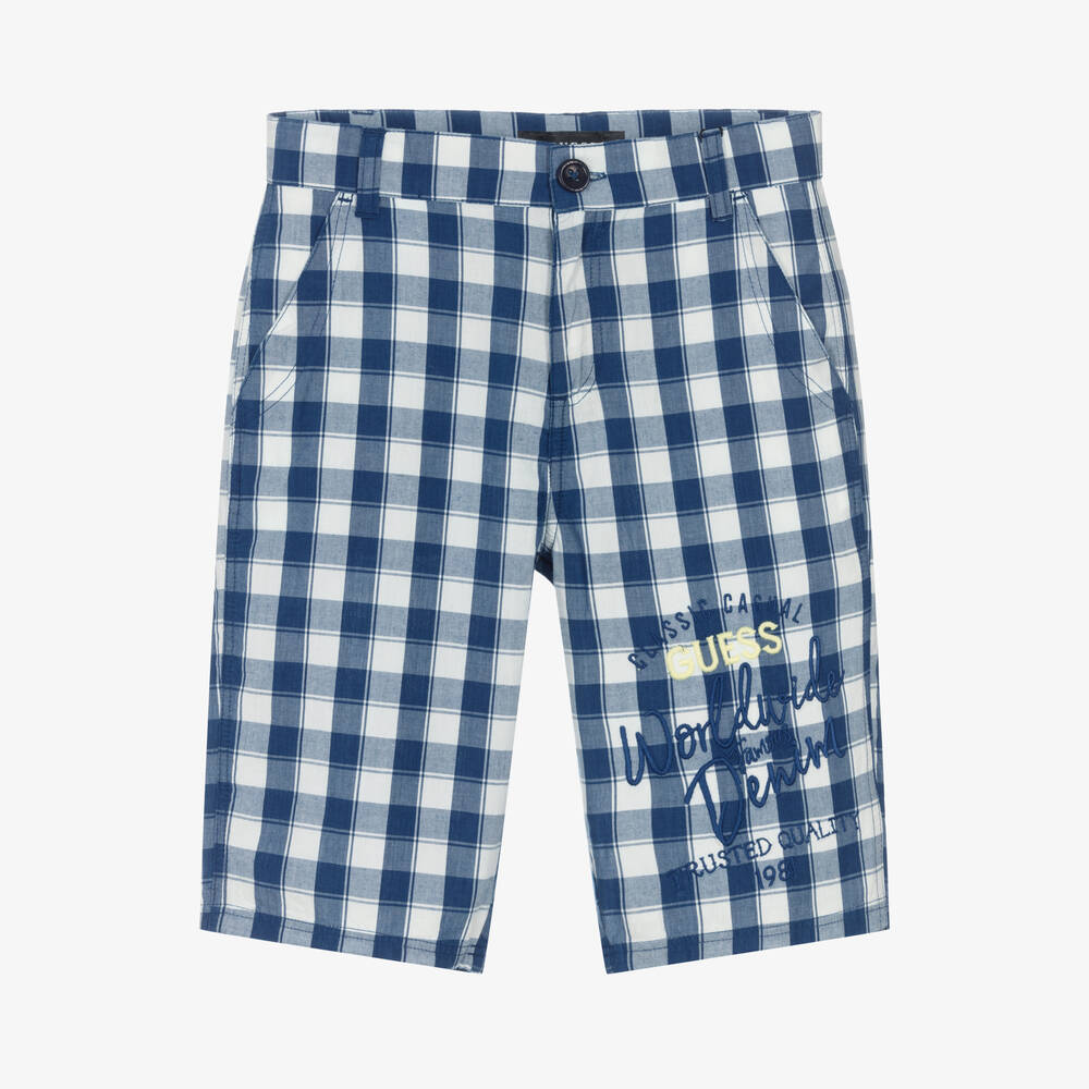 Guess - Teen Boys Blue Check Cotton Shorts | Childrensalon