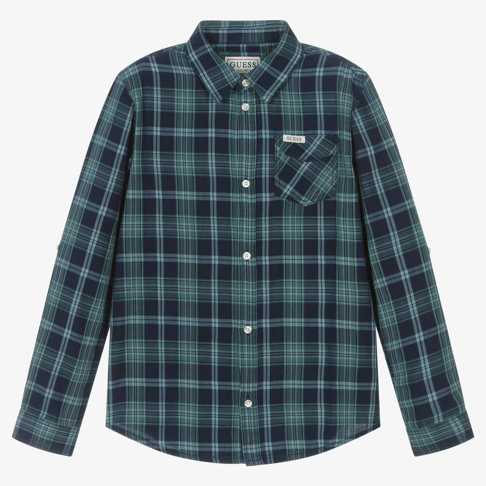 Guess-قميص قطن تويل كاروهات لون أزرق وأخضر | Childrensalon Outlet