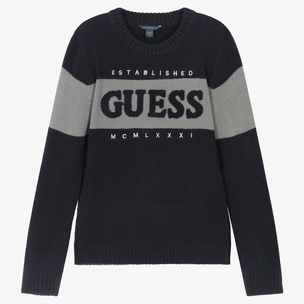 Guess - Sweat-shirt bleu et gris en maille | Childrensalon