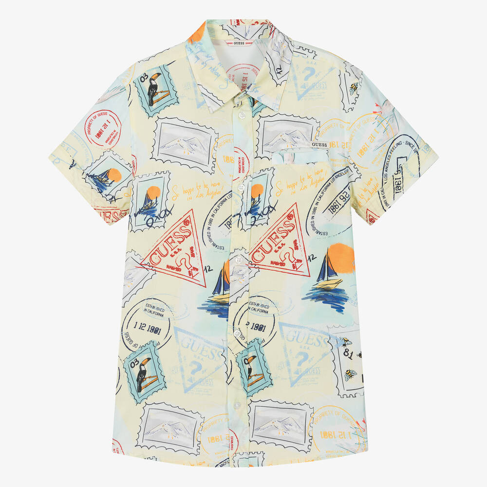 Guess-Teen Boys Pastel Yellow Graphic Viscose Shirt | Childrensalon Outlet