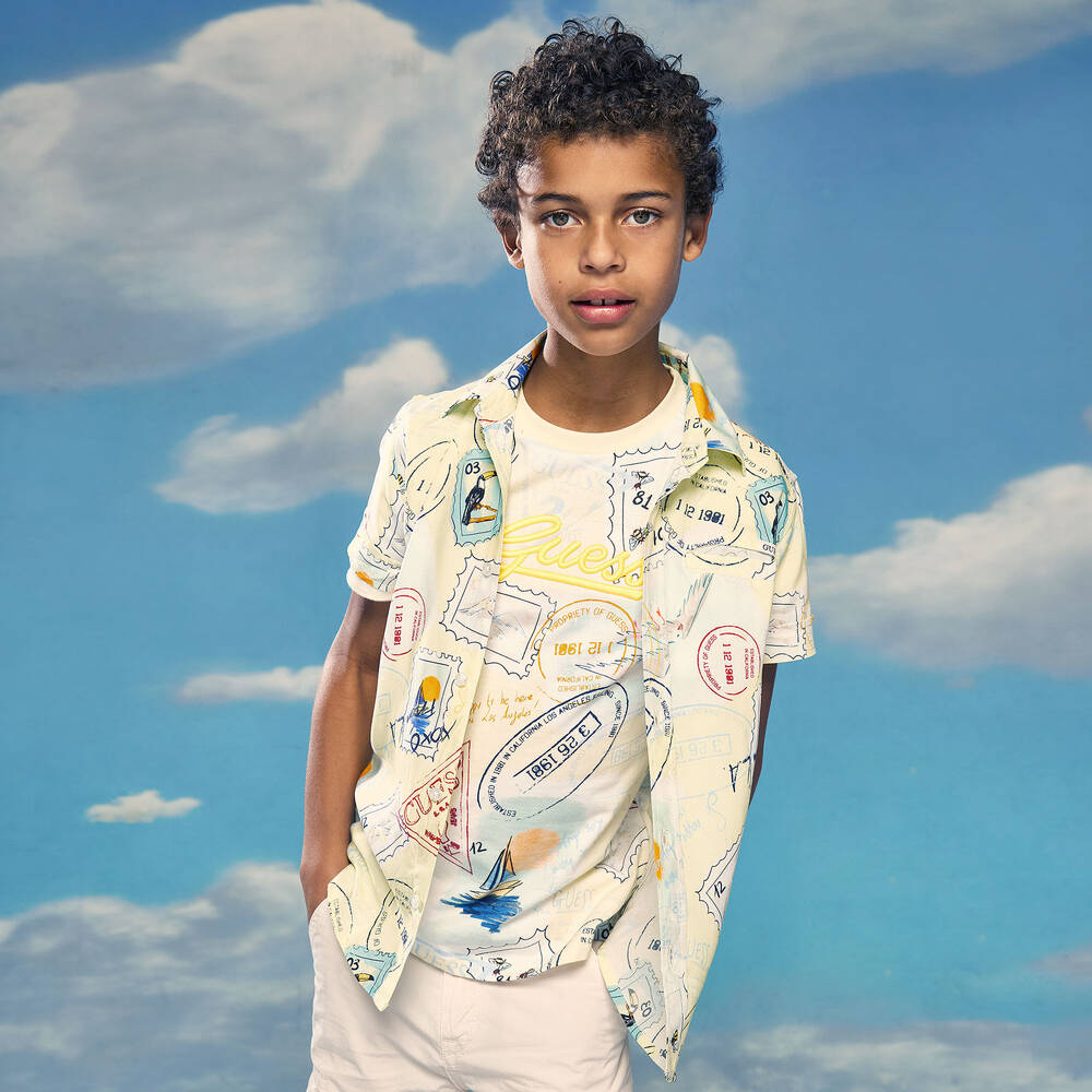 Guess-Teen Boys Pastel Yellow Graphic Viscose Shirt | Childrensalon Outlet