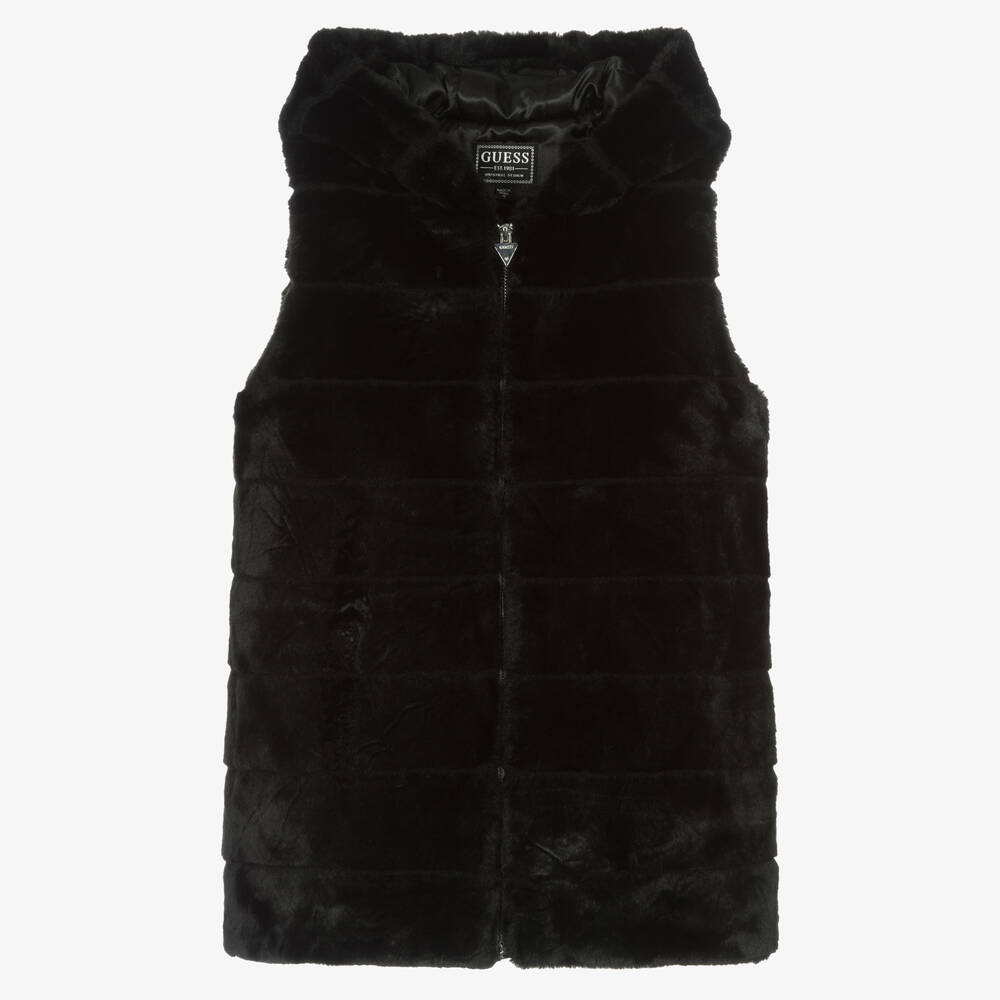 Guess-Teen Girls Black Faux Fur Hooded Gilet | Childrensalon Outlet
