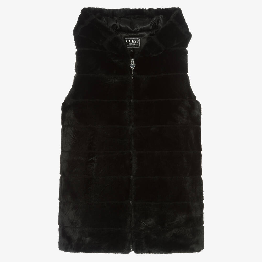 Guess - Teen Girls Black Faux Fur Hooded Gilet | Childrensalon