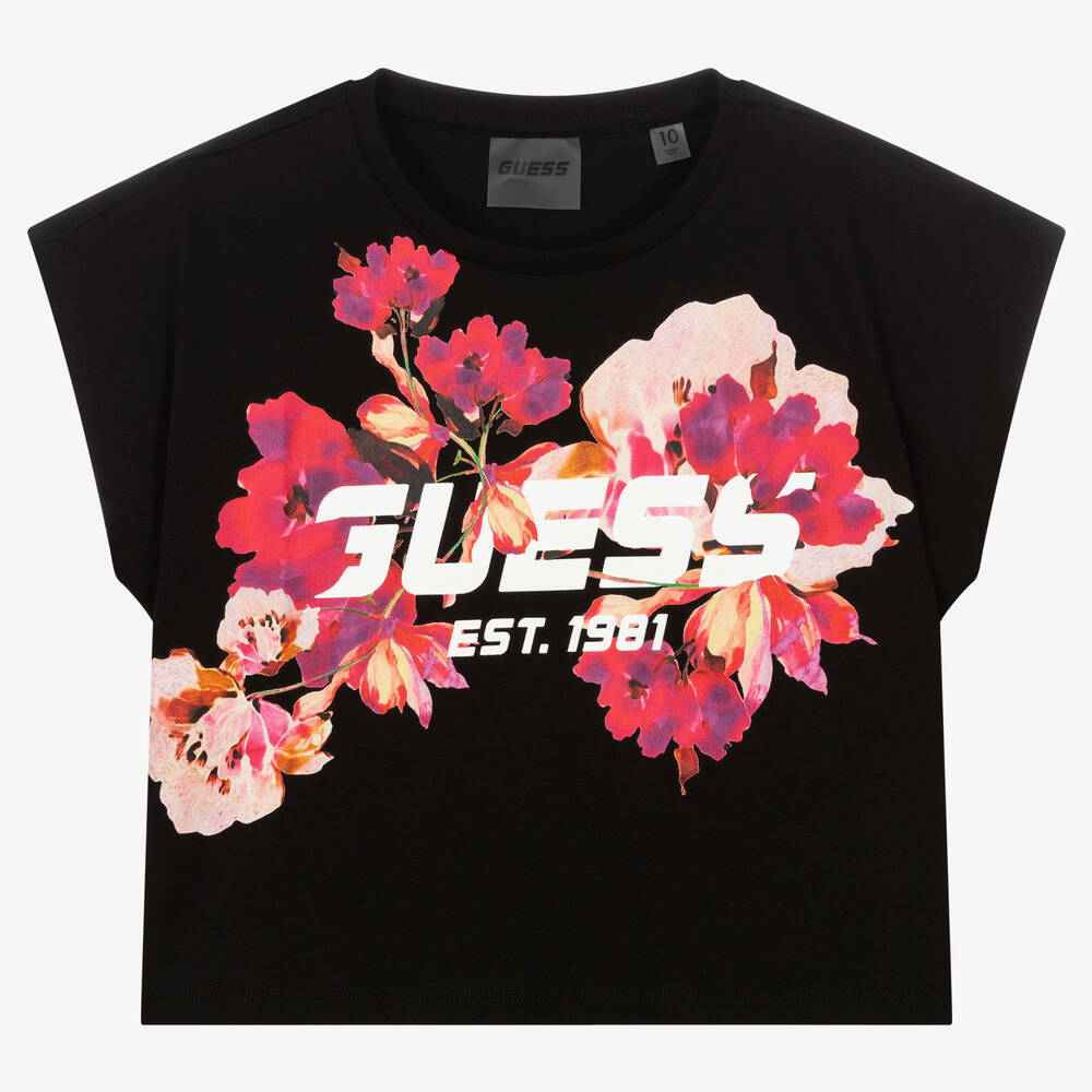 Guess - Teen Girls Black Floral Cotton T-Shirt | Childrensalon