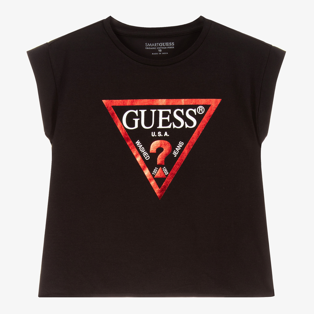 Guess - تيشيرت تينز بناتي قطن عضوي جيرسي لون أسود | Childrensalon