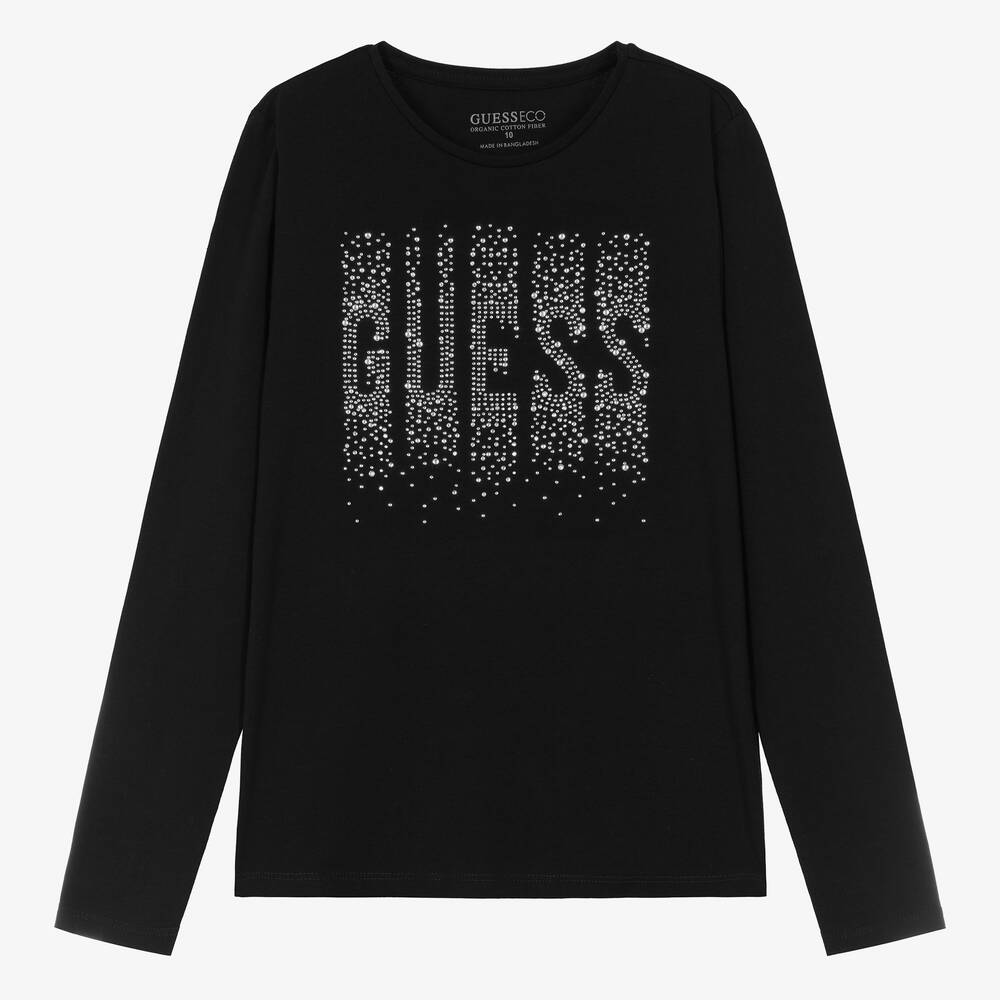 Guess - T-shirt noir à strass argentés ado | Childrensalon