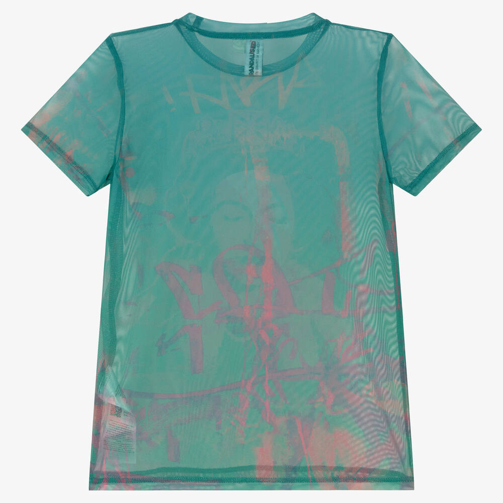 Guess-Teen Girls Blue Mesh Banksy T-Shirt | Childrensalon Outlet