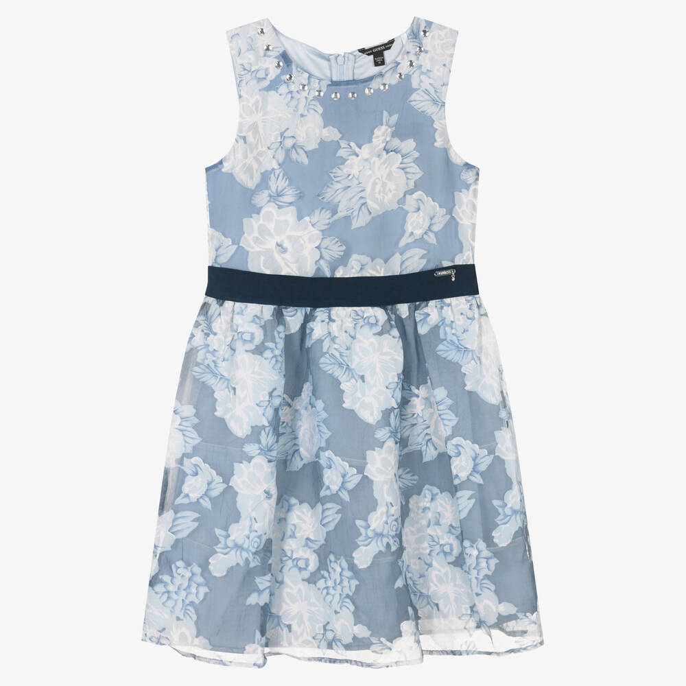 Guess - Robe bleue blanche en organza ado | Childrensalon