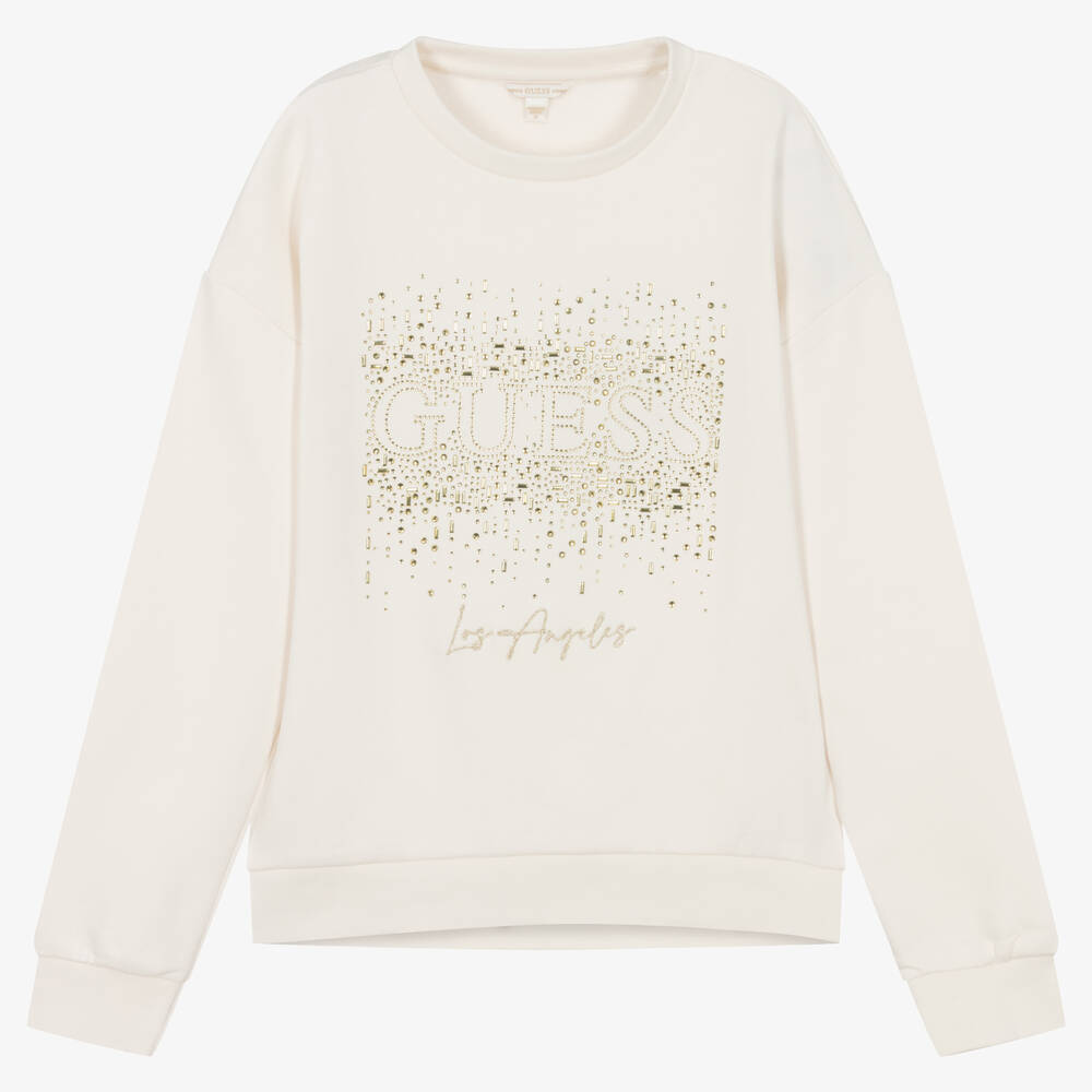 Guess - Sweat-shirt ivoire strassé en coton | Childrensalon