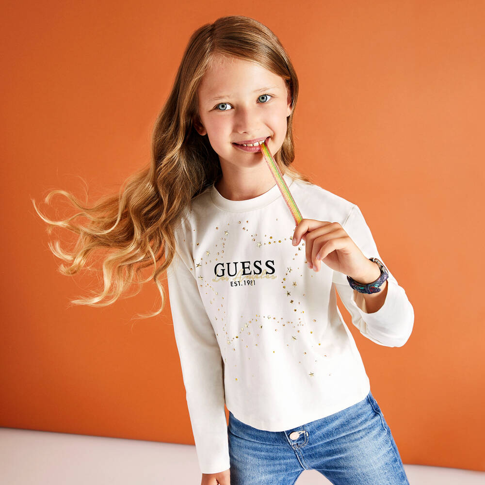 Guess-Teen Girls Ivory Cotton Diamanté Top  | Childrensalon Outlet