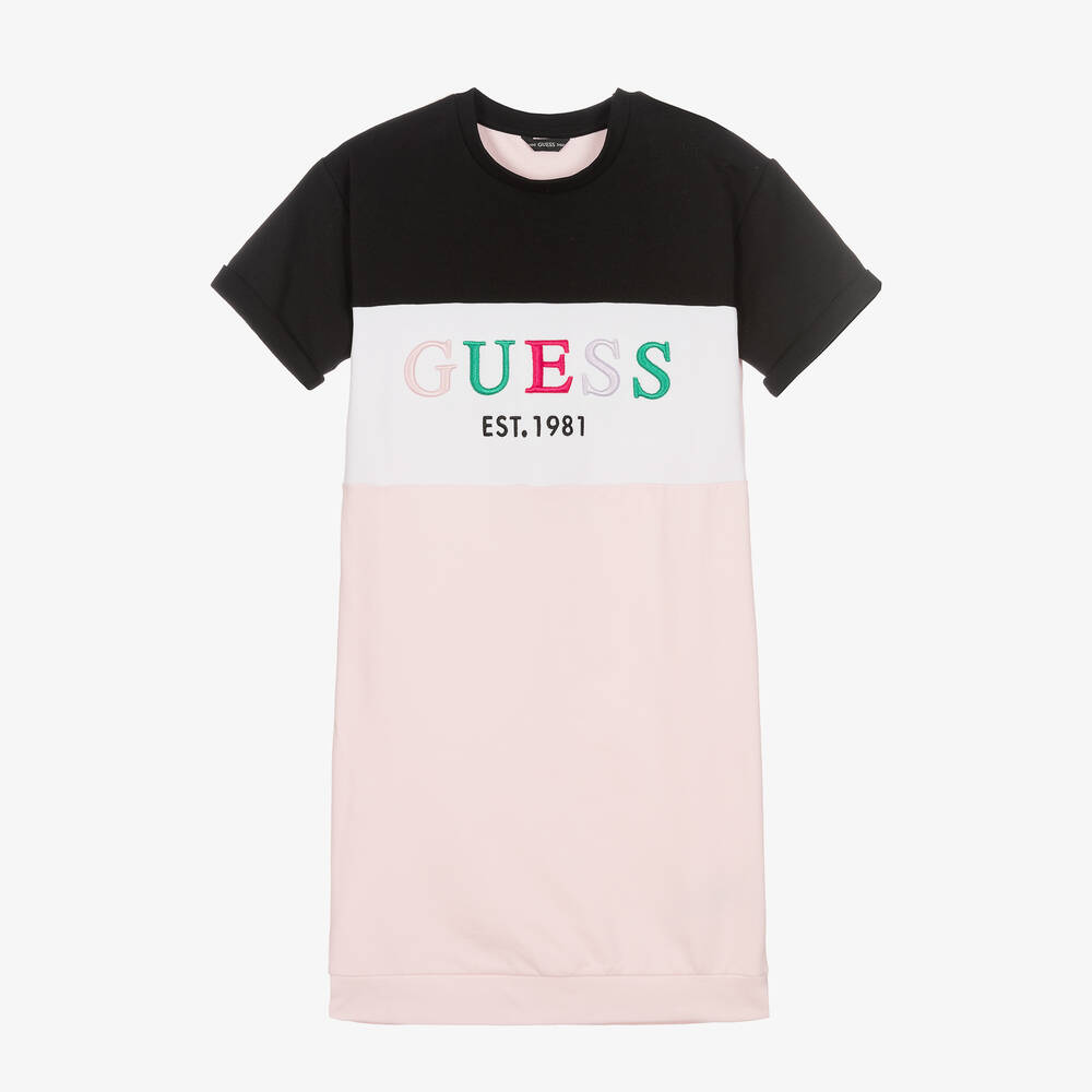 Guess - Розово-черное хлопковое платье для девочек-подростков  | Childrensalon
