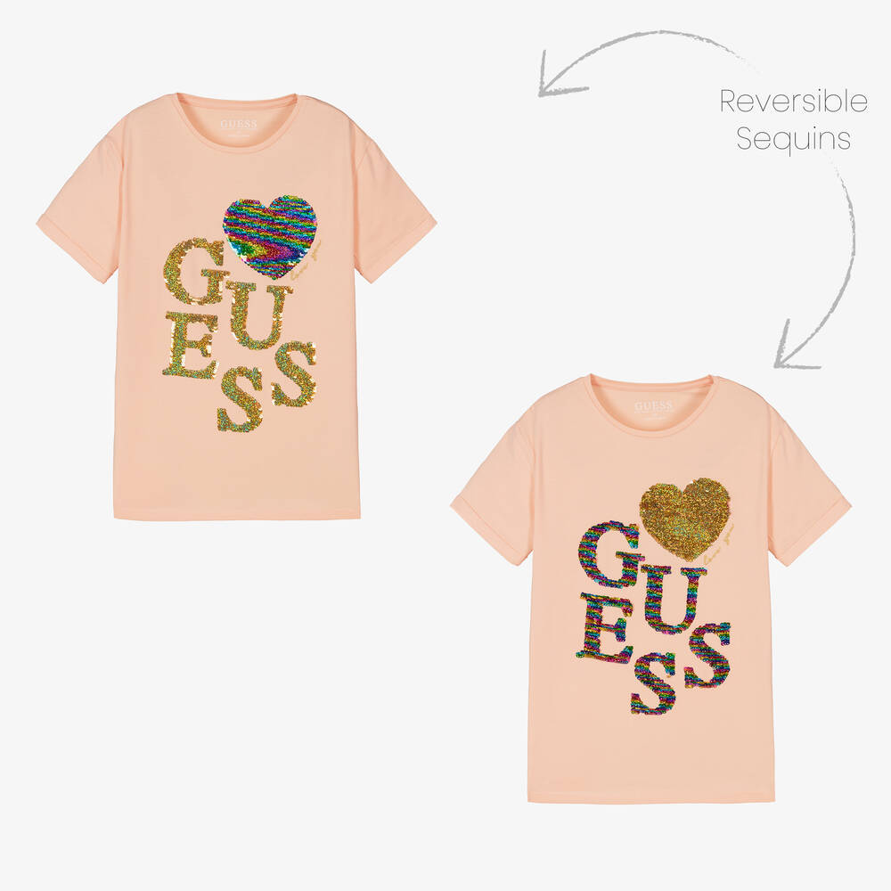 Guess - Teen Girls Pink Reversible Sequin Logo T-Shirt | Childrensalon