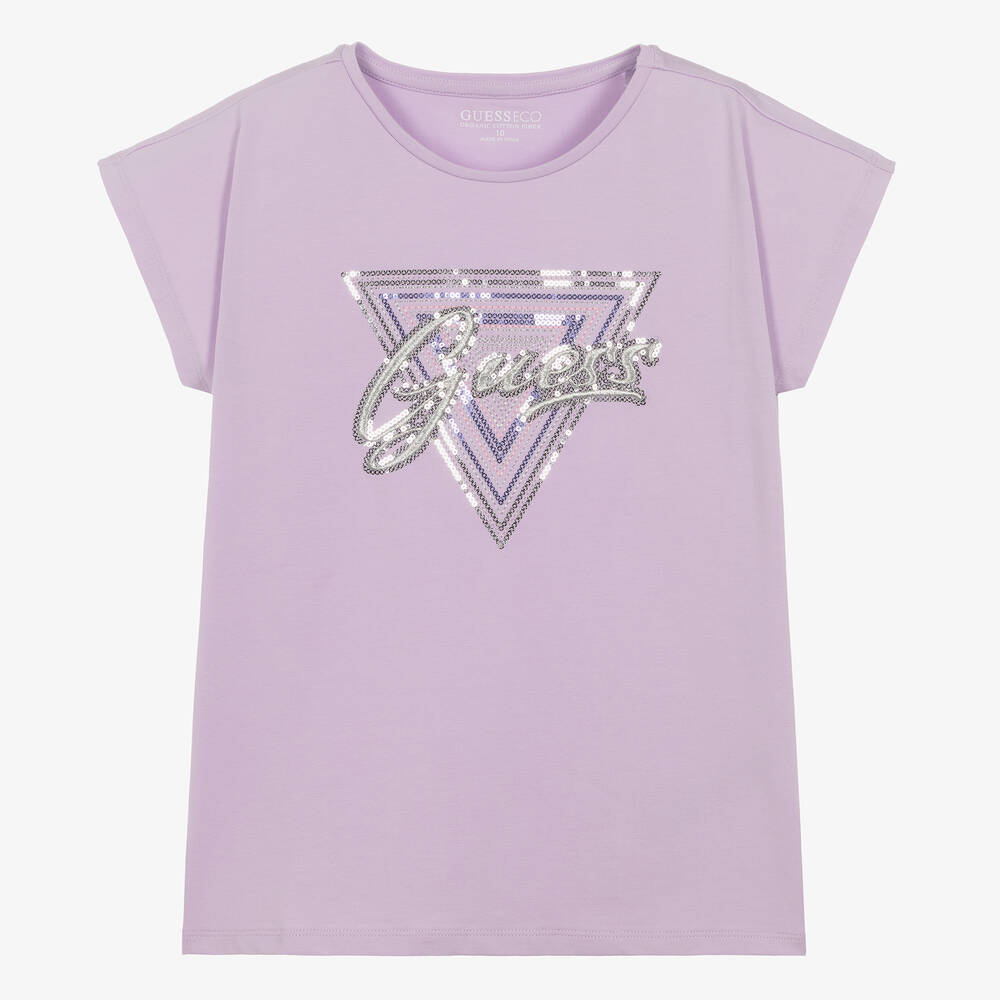 Guess-Teen Girls Purple Cotton Sequin T-Shirt | Childrensalon Outlet