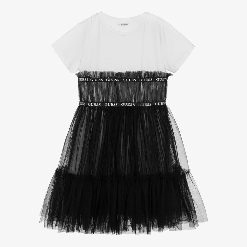 Guess Robe en coton et tulle blanc et noir Childrensalon Outlet