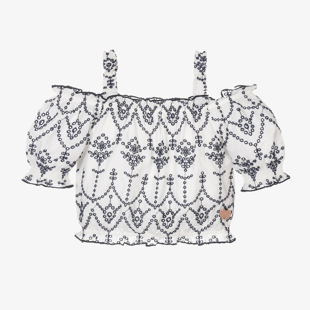 Guess-Teen Girls White & Blue Cotton Blouse | Childrensalon Outlet