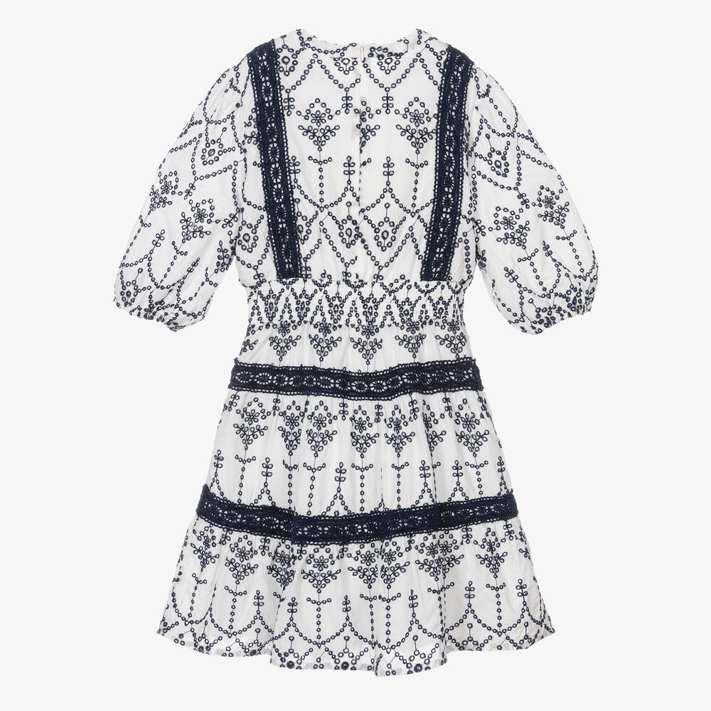 Guess-فستان قطن برودوري لون أبيض وكحلي للمراهقات | Childrensalon Outlet