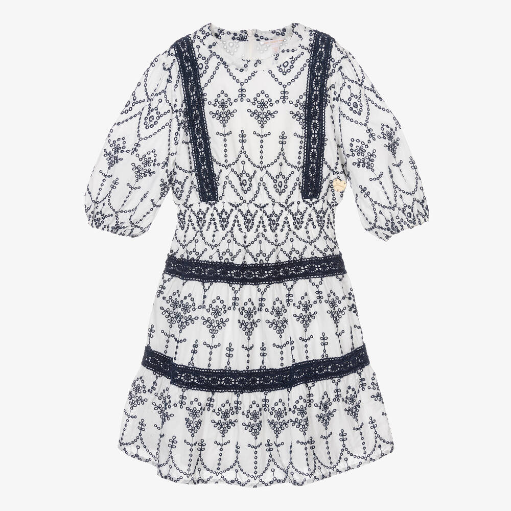 Guess-Teen Girls White & Blue Cotton Broderie Dress | Childrensalon Outlet