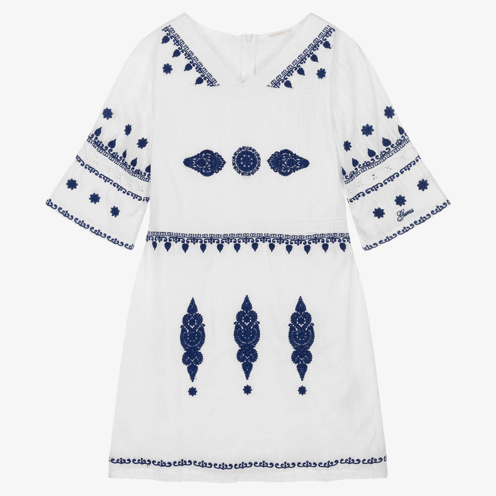 Guess - Teen Girls White & Blue Cotton Dress | Childrensalon