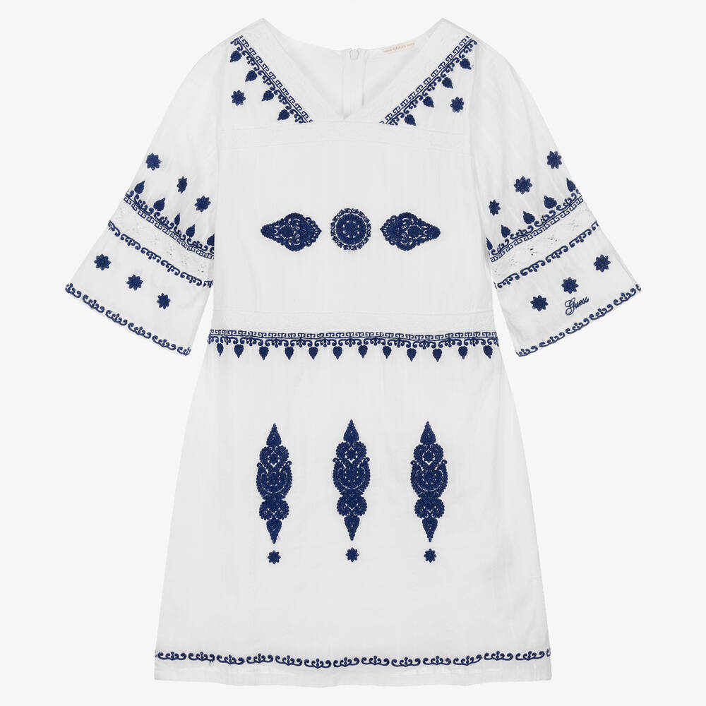 Guess - Robe blanche et bleue en coton ado | Childrensalon