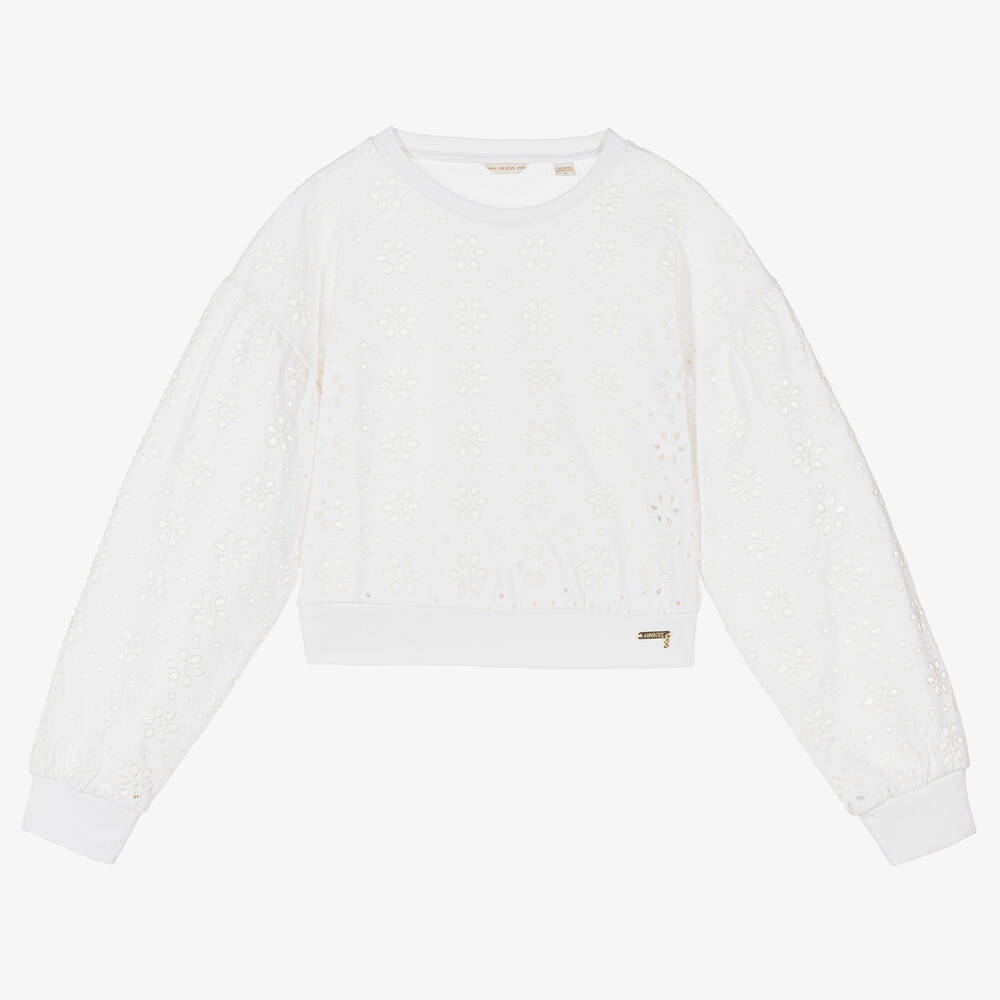 Guess - Weißes Sweatshirt mit Lochstickerei | Childrensalon