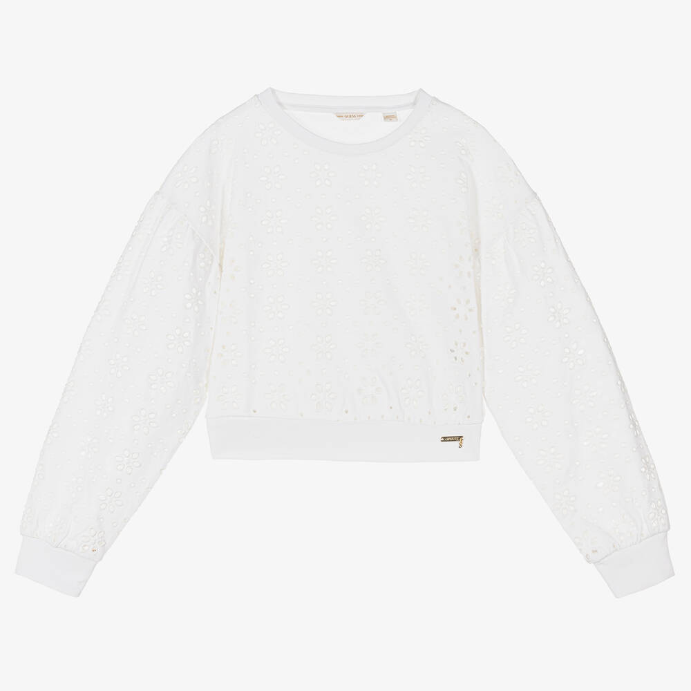 Guess - Teen Girls White Broderie Anglaise Sweatshirt | Childrensalon