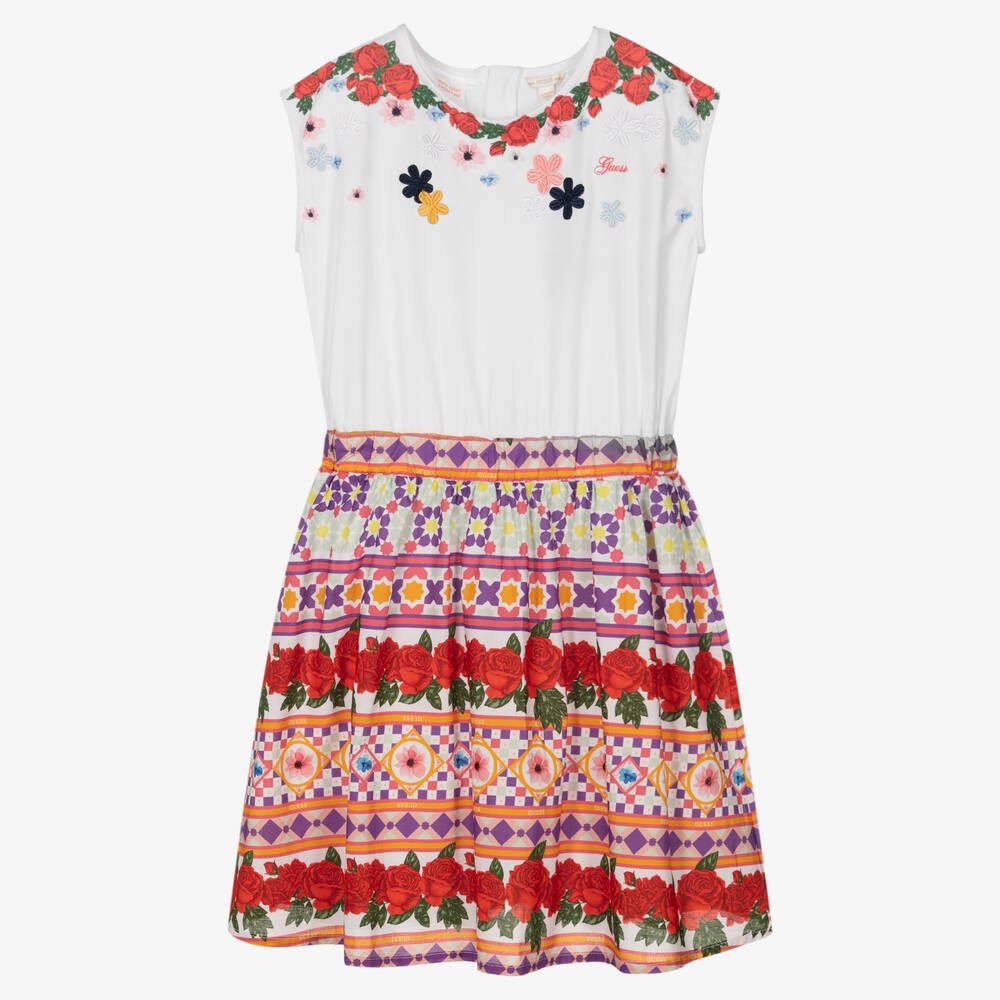 Guess-فستان تينز بناتي قطن لون أبيض وطبعة ملونة | Childrensalon Outlet