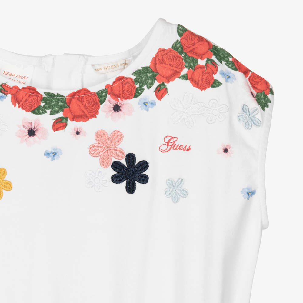 Guess-فستان تينز بناتي قطن لون أبيض وطبعة ملونة | Childrensalon Outlet