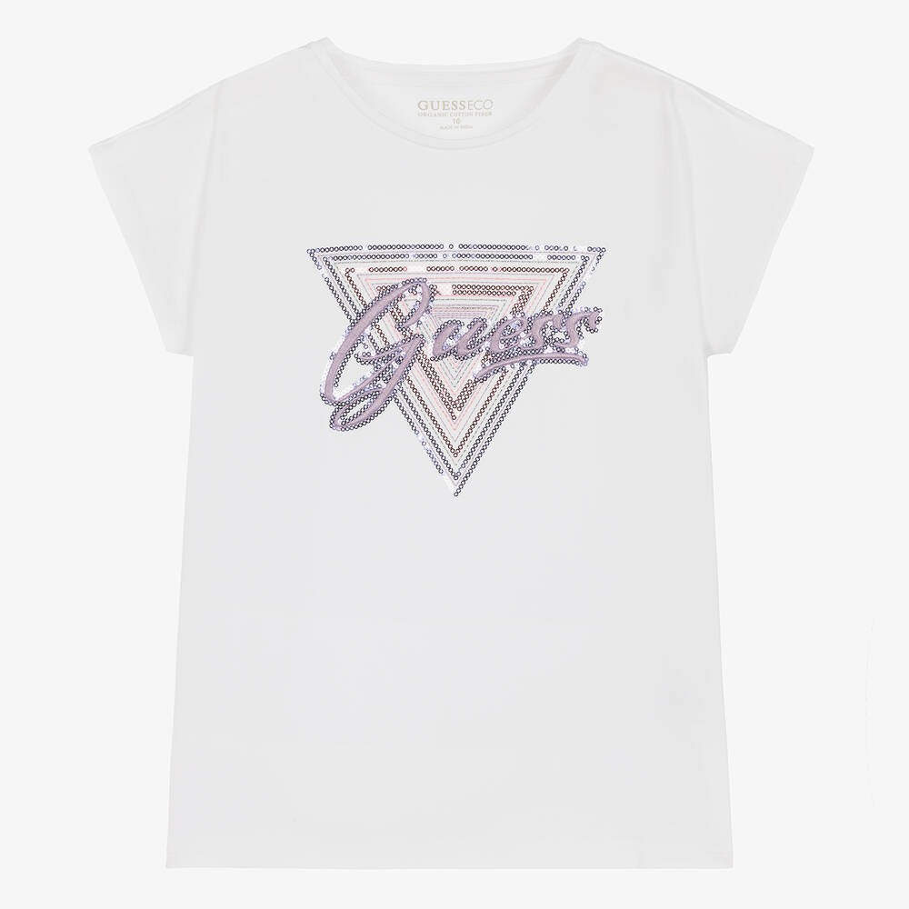 Guess-Teen Girls White Cotton Sequin T-Shirt | Childrensalon Outlet
