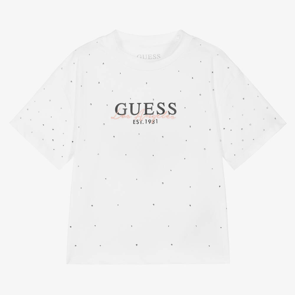 Guess - تيشيرت قصير تينز بناتي قطن عضوي لون أبيض | Childrensalon