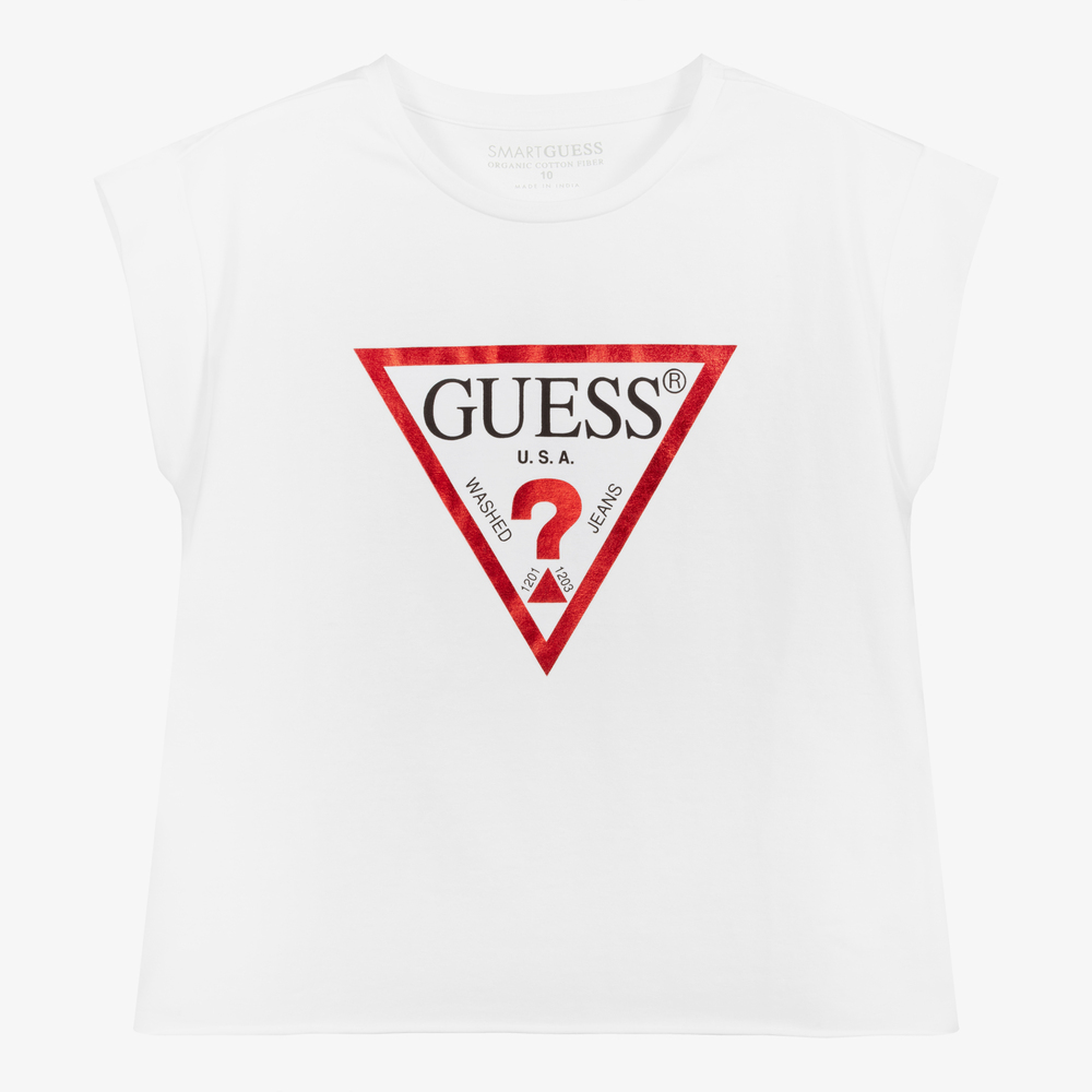 Guess - تيشيرت تينز بناتي قطن عضوي جيرسي لون أبيض | Childrensalon