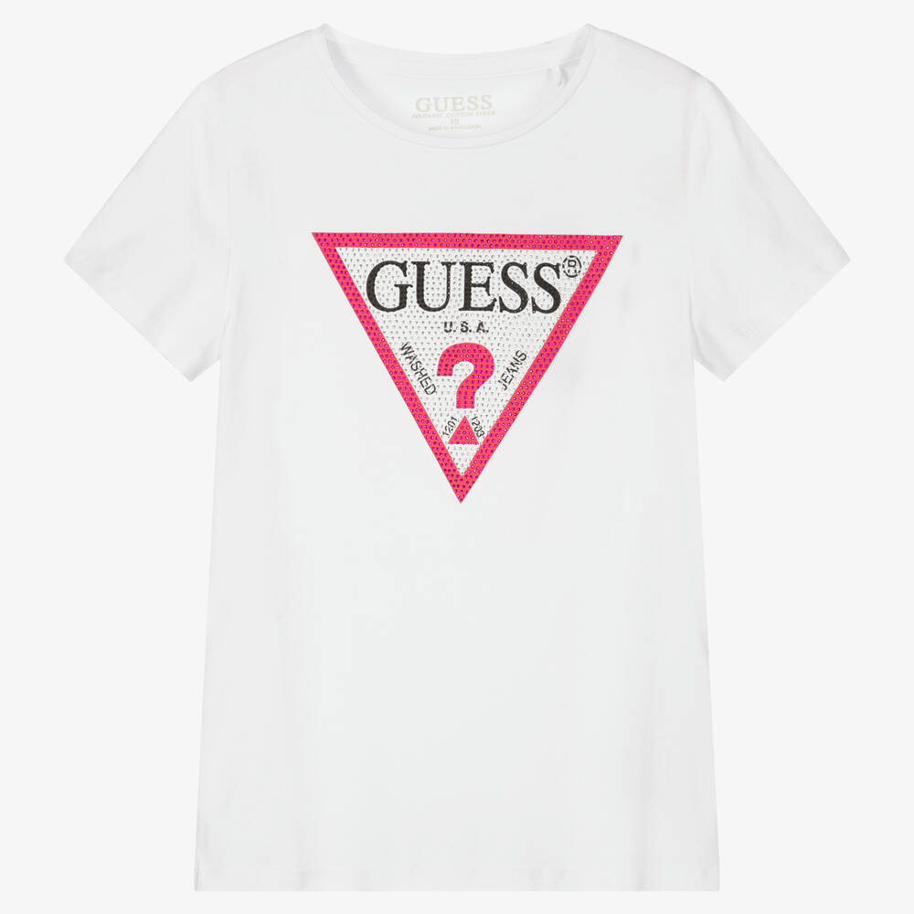Guess - تيشيرت تينز بناتي قطن جيرسي لون أبيض | Childrensalon
